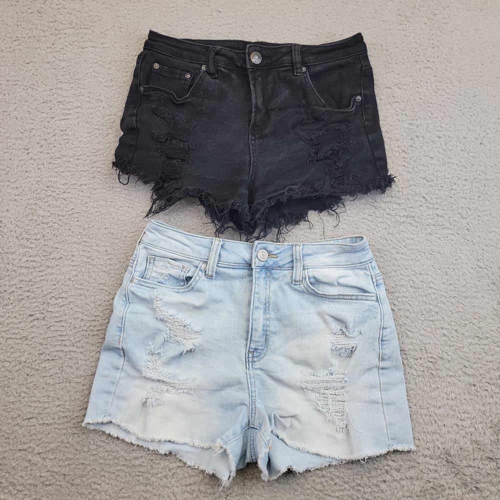 Almost Famous Shorts Lot Of 2 Juniors 9 Black Blue Cut Off Distressed Ripped Y2K